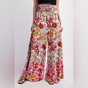 Rose Red floral Flare Wide and Waist Smocked bohemian boho Long Pants